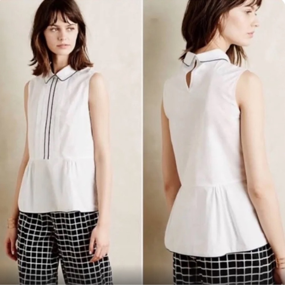 ANTHROPOLOGIE x HD in Paris Bennett Pleated Peplum Slvls Top Piped in Navy — M